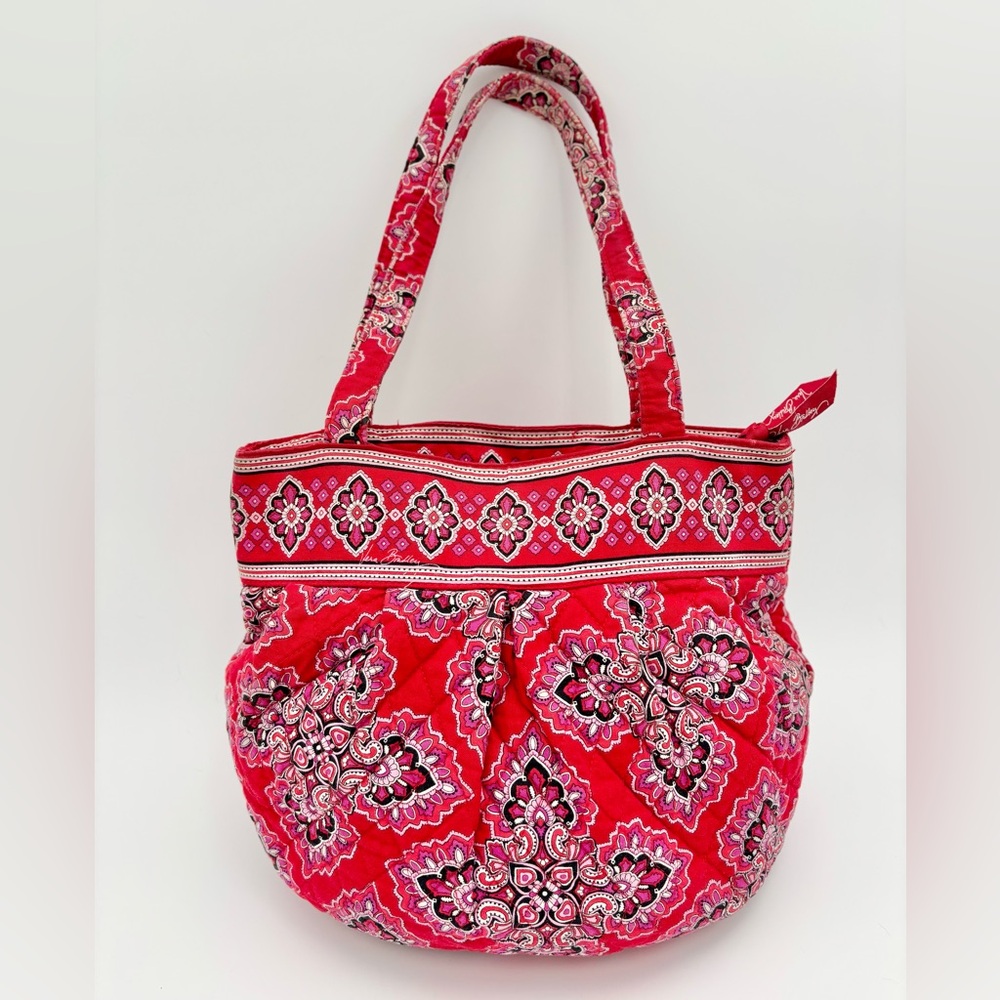Vera Bradley Red Pink Paisley Quilted Tote Shoulder Bag Zip Top